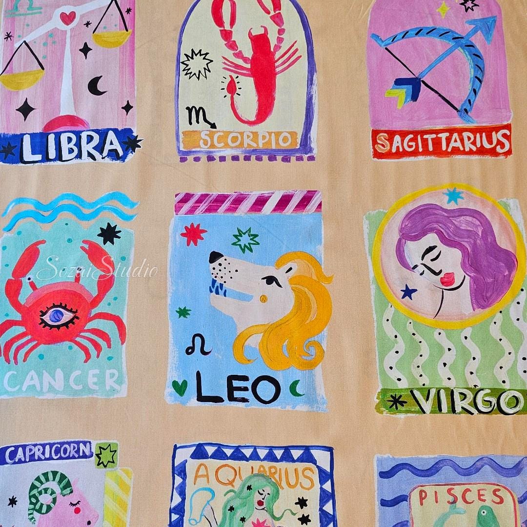 Japanese Zodiac Cotton Digital Print Fabric: Orange, by the yard