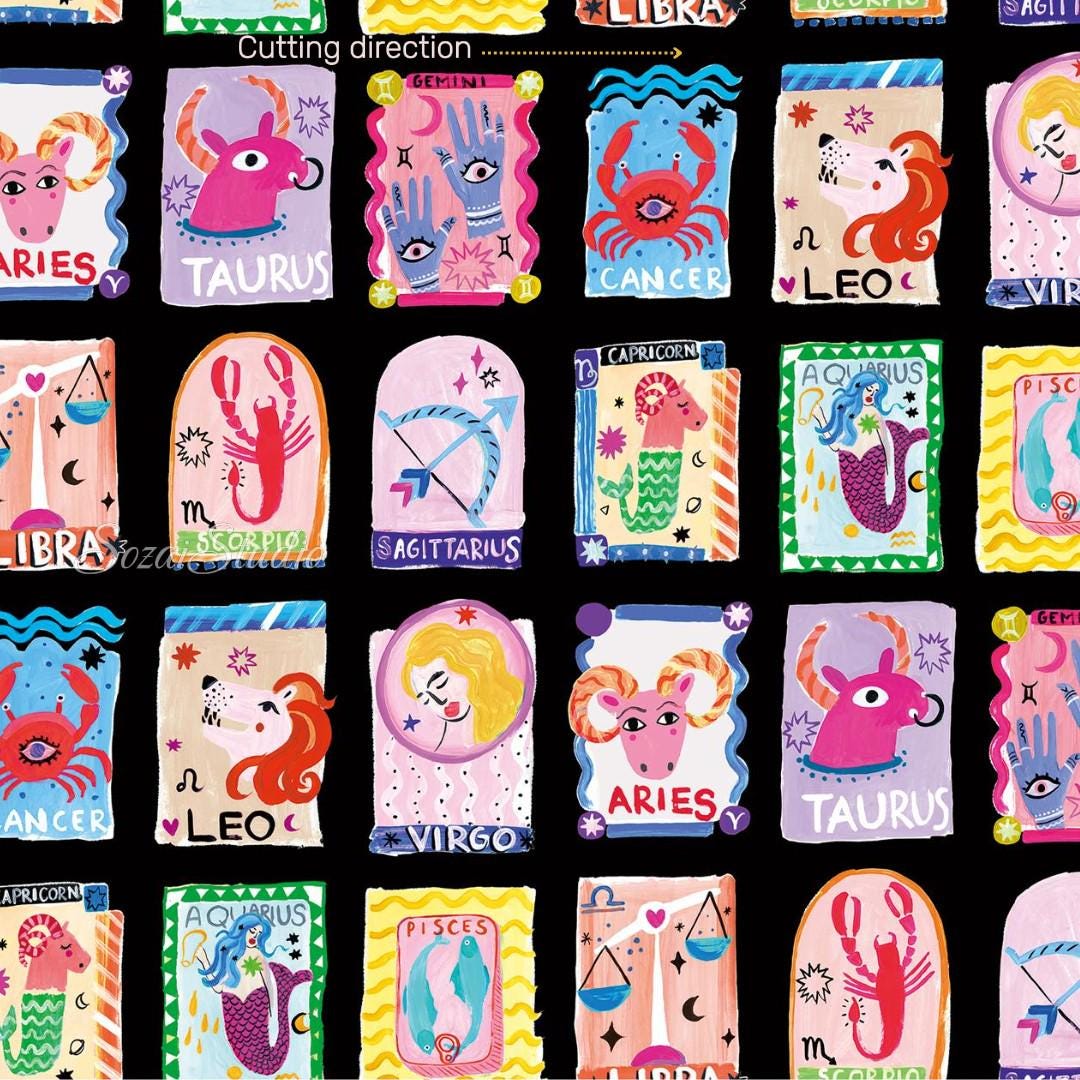 1 Yard Japan imported, Zodiac Cotton Fabric: Black Digital Print, Playful Design