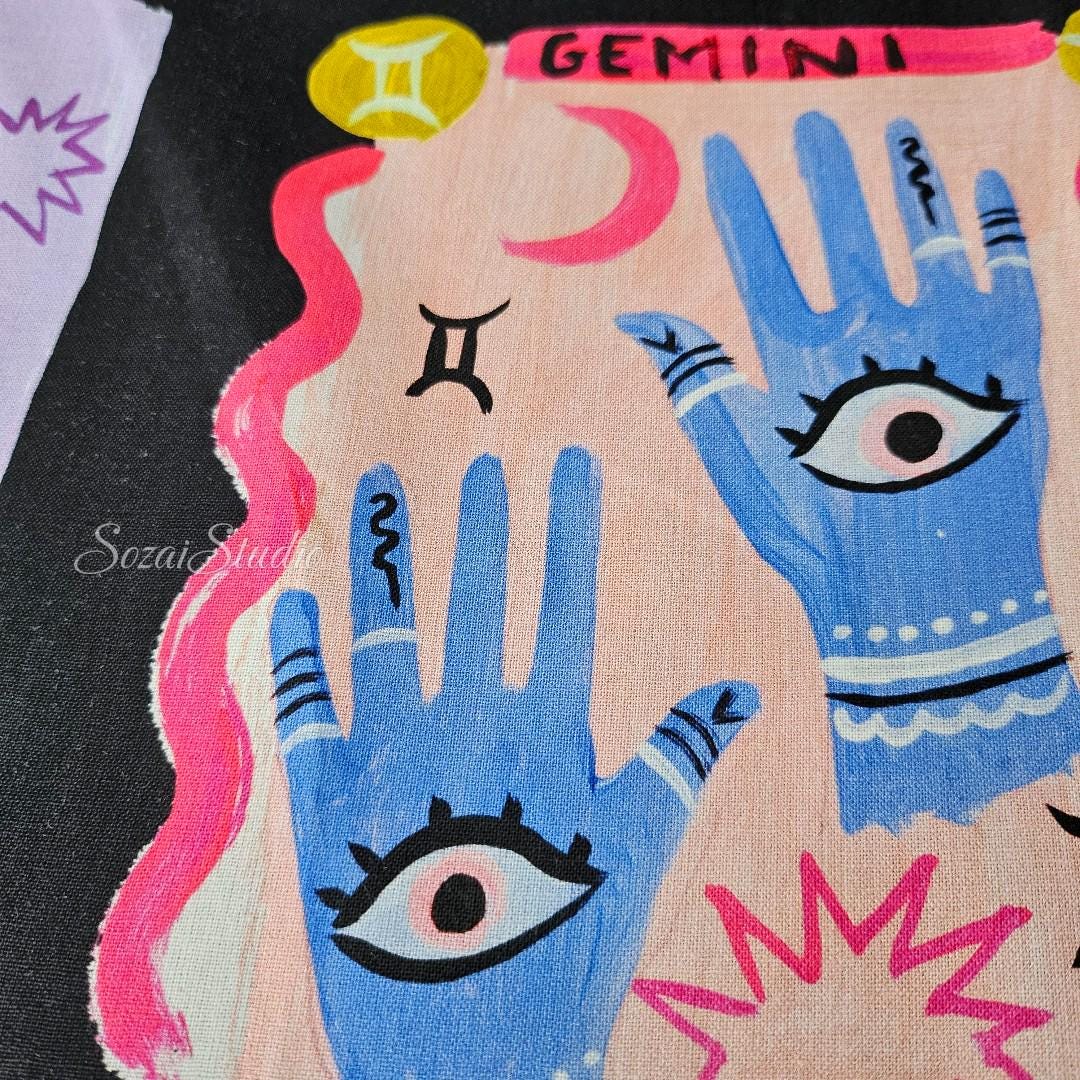 1 Yard Japan imported, Zodiac Cotton Fabric: Black Digital Print, Playful Design