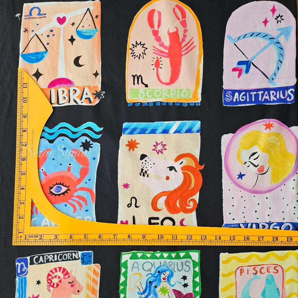 1 Yard Japan imported, Zodiac Cotton Fabric: Black Digital Print, Playful Design