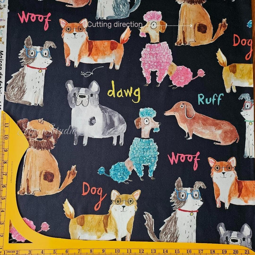 Japanese fabric - Adorable Paws Gathering, Black - 100% Cotton Square (Digital Print), by the yard