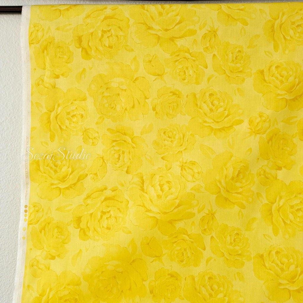1 Yard Japanese fabric - Bold Rose, Yellow - 100% Cotton Sheeting Printed