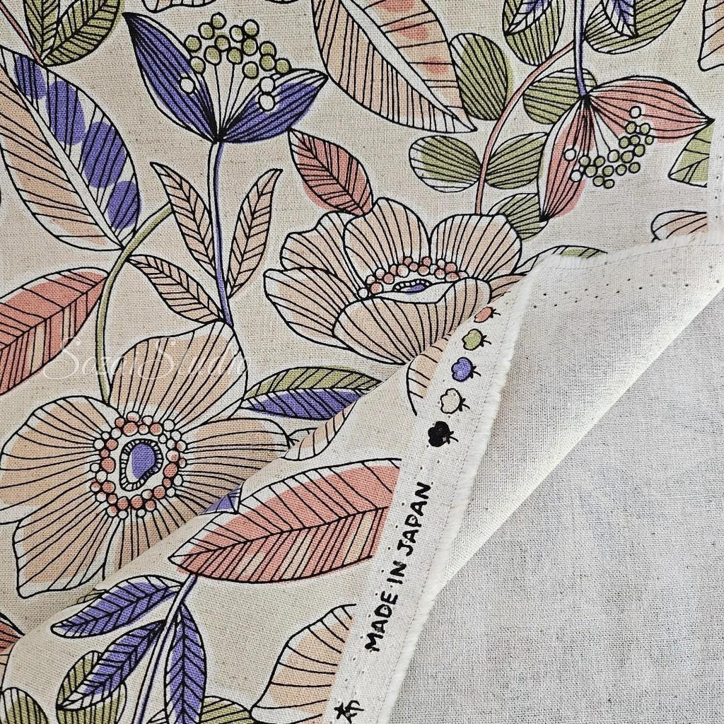 1 Yard Japanese fabric - Botanical flower, Beige, Pink leaf - Linen Blend Canvas