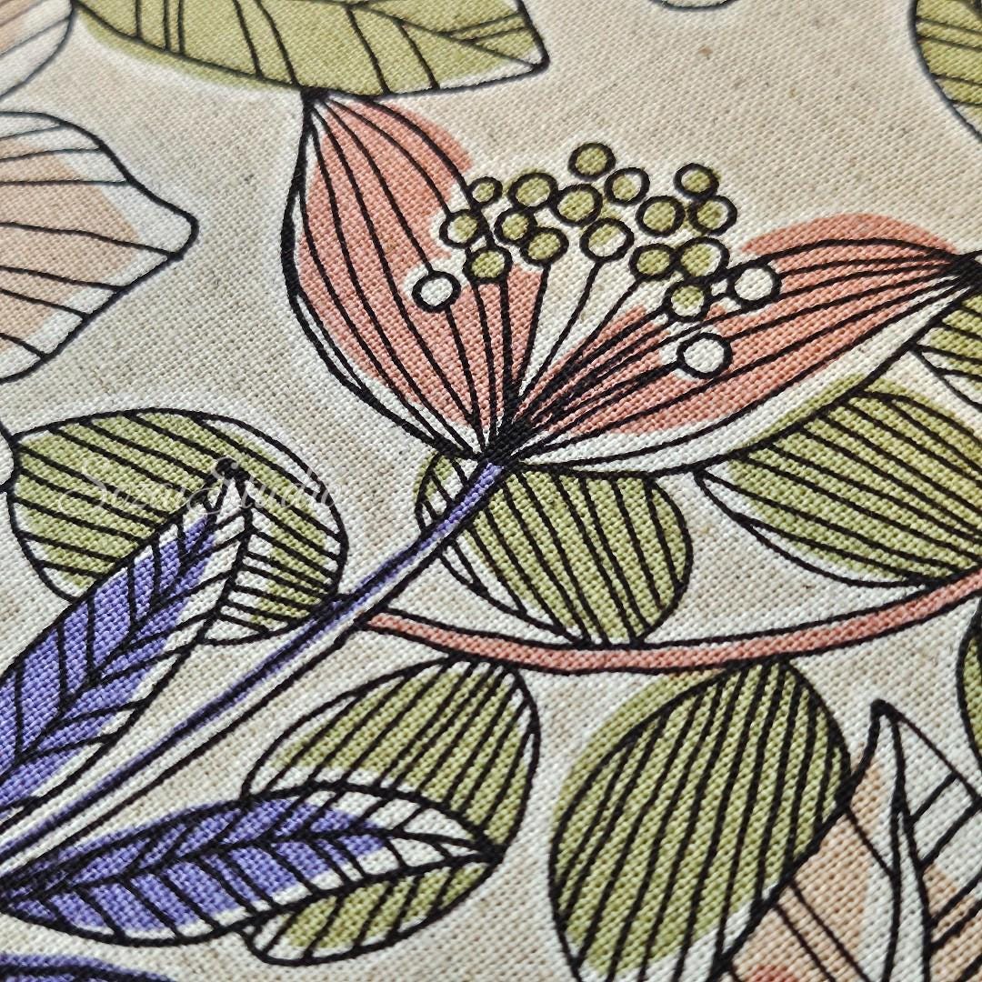 1 Yard Japanese fabric - Botanical flower, Beige, Pink leaf - Linen Blend Canvas