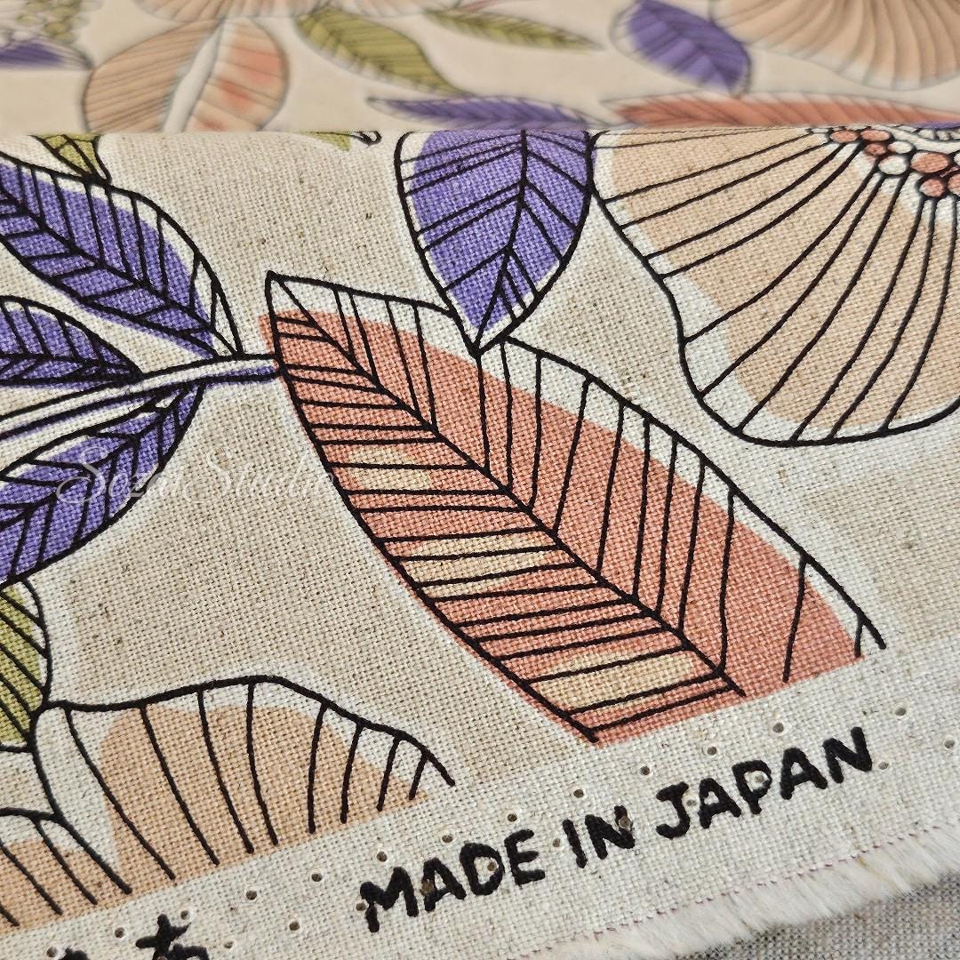 1 Yard Japanese fabric - Botanical flower, Beige, Pink leaf - Linen Blend Canvas