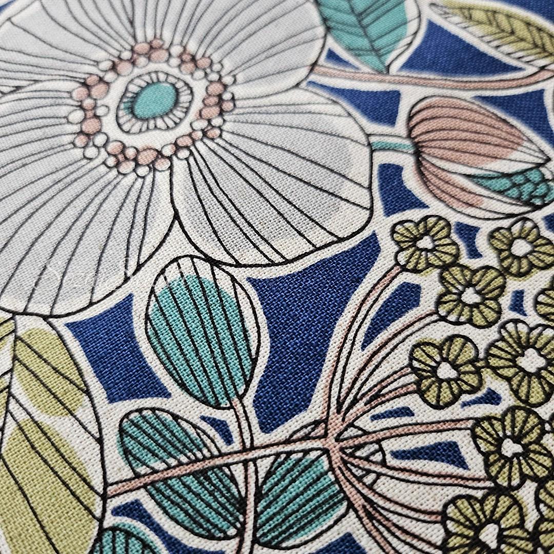 1 Yard Japanese fabric - Botanical flower, Blue - Linen Blend Canvas