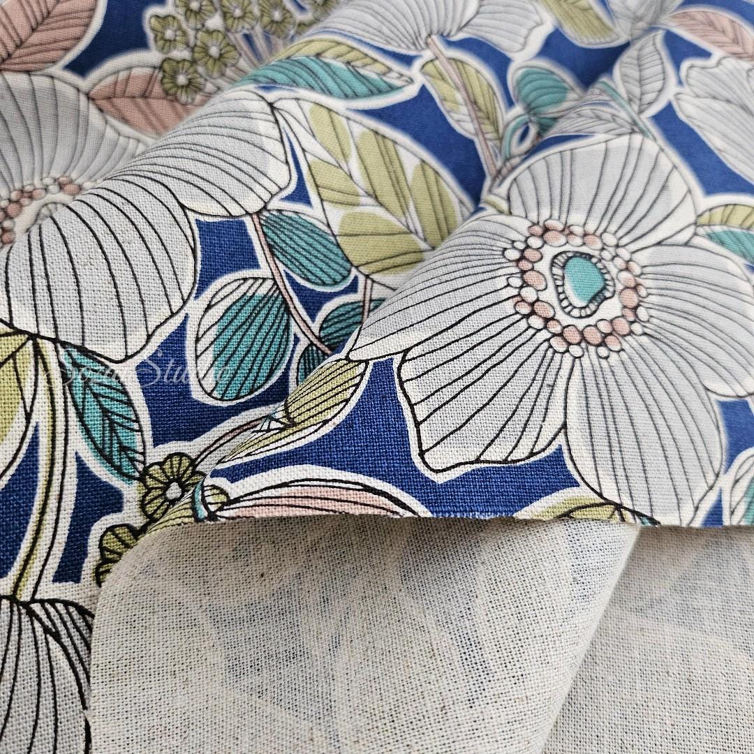 1 Yard Japanese fabric - Botanical flower, Blue - Linen Blend Canvas