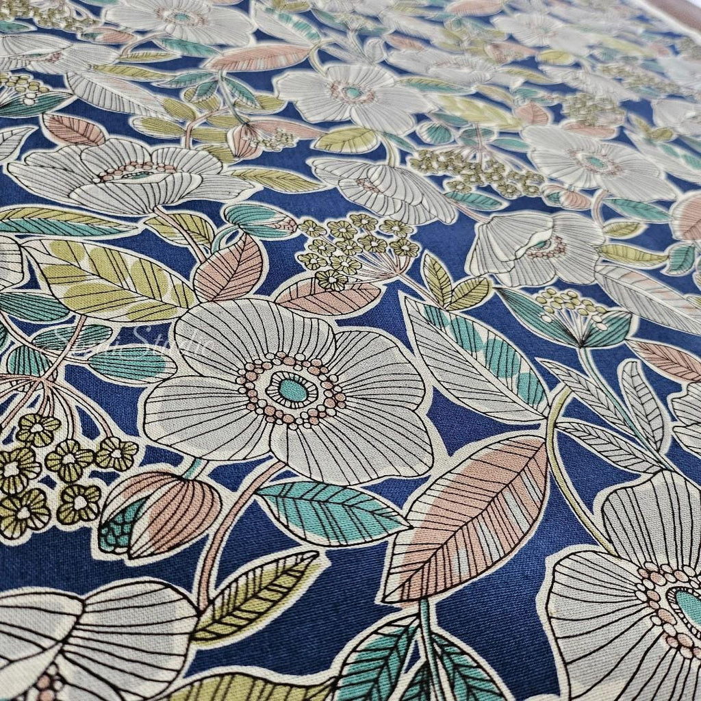 1 Yard Japanese fabric - Botanical flower, Blue - Linen Blend Canvas