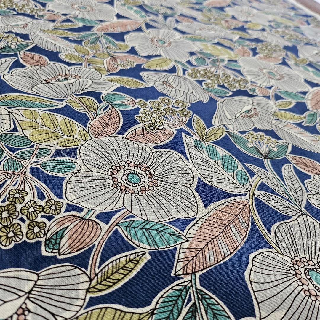 1 Yard Japanese fabric - Botanical flower, Blue - Linen Blend Canvas