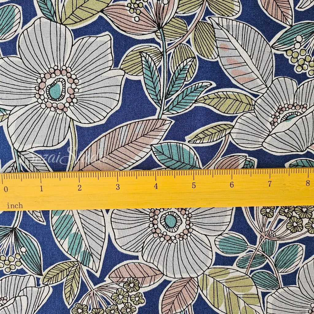 1 Yard Japanese fabric - Botanical flower, Blue - Linen Blend Canvas