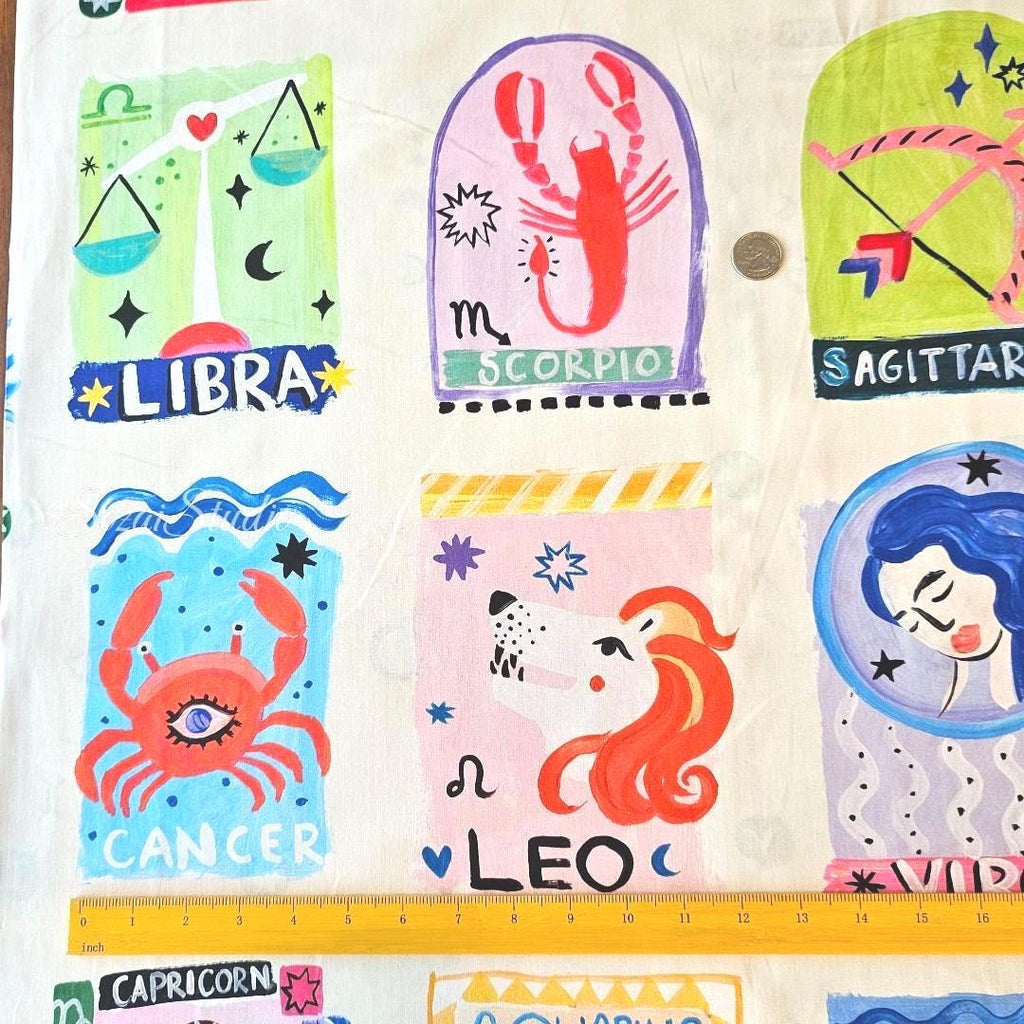 Japanese Zodiac Fabric: Cream Cotton Digital Print - by yard