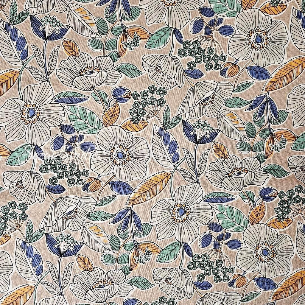 1 yard, Japanese fabric - Botanical flower, Beige, Yellow leaf - Linen Blend Canvas