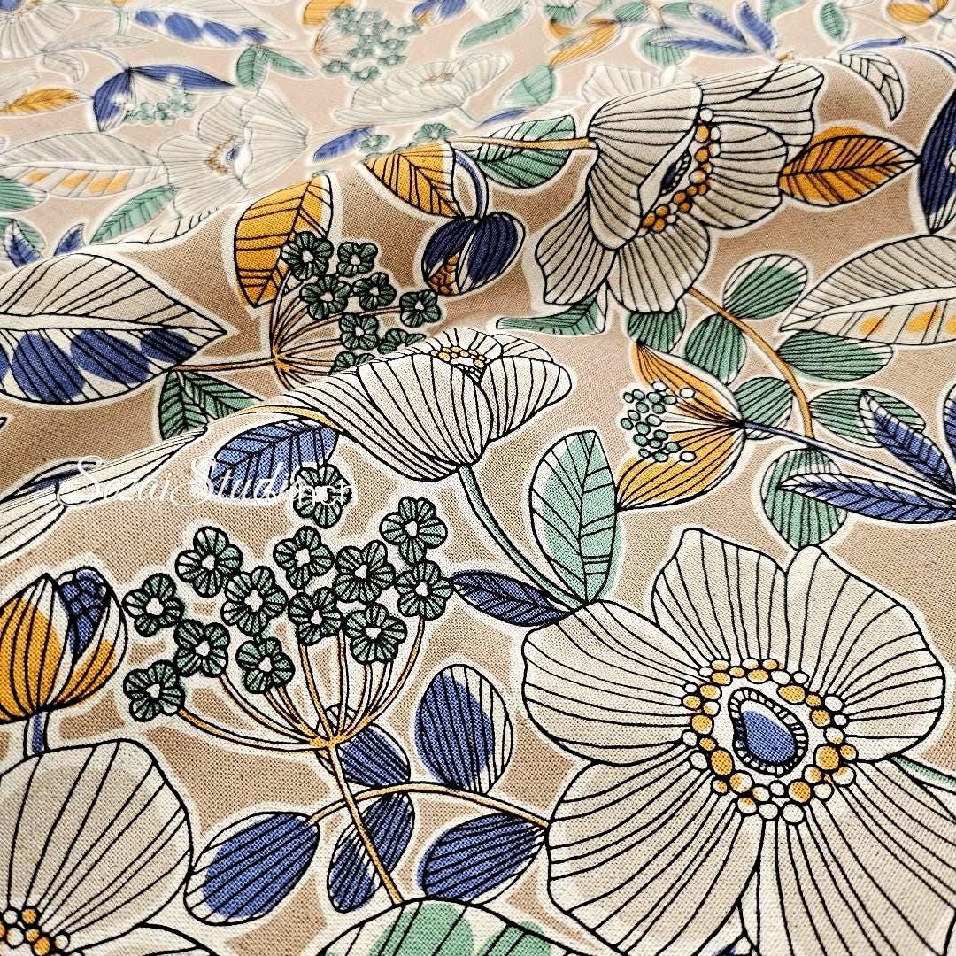 1 yard, Japanese fabric - Botanical flower, Beige, Yellow leaf - Linen Blend Canvas