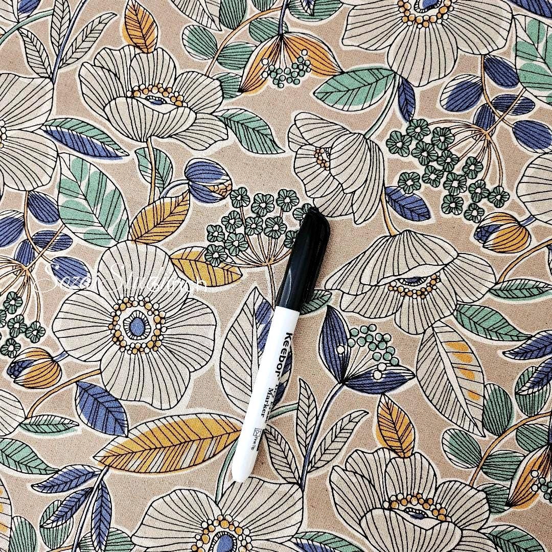 1 yard, Japanese fabric - Botanical flower, Beige, Yellow leaf - Linen Blend Canvas