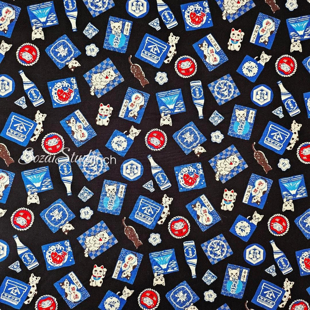 Japanese Cotton Fabric: Sake Barrels, Cats, Navy Print - by the yard