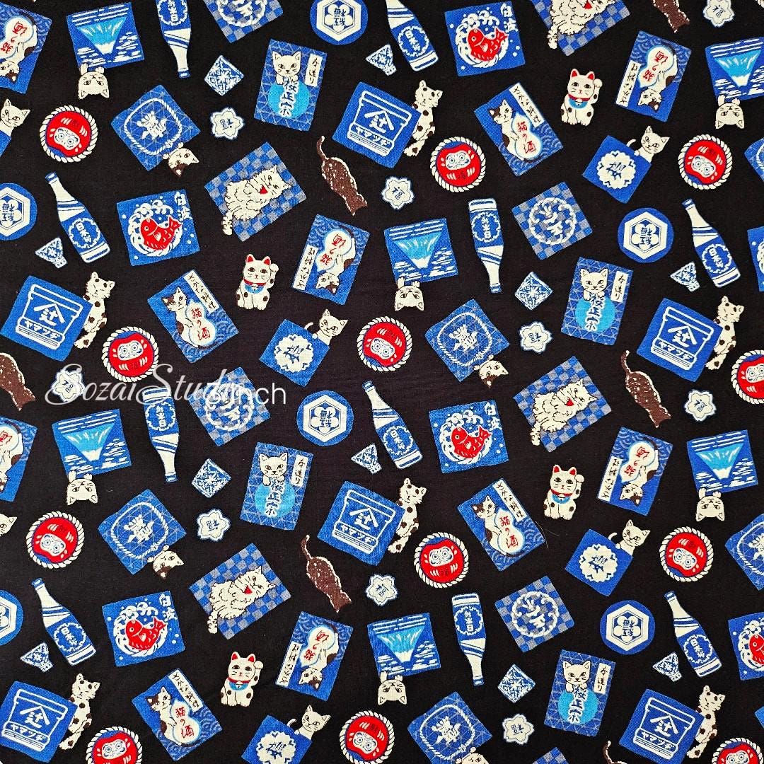 Japanese Cotton Fabric: Sake Barrels, Cats, Navy Print - by the yard