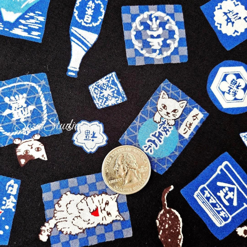 Japanese Cotton Fabric: Sake Barrels, Cats, Navy Print - by the yard