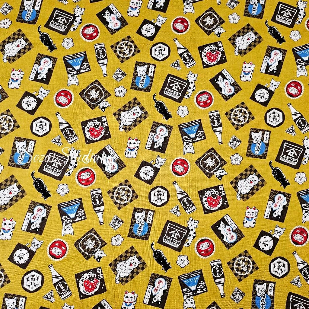 Japanese Cotton Fabric: Sake Barrels, Cats, Mustard Yellow Print, by the yard