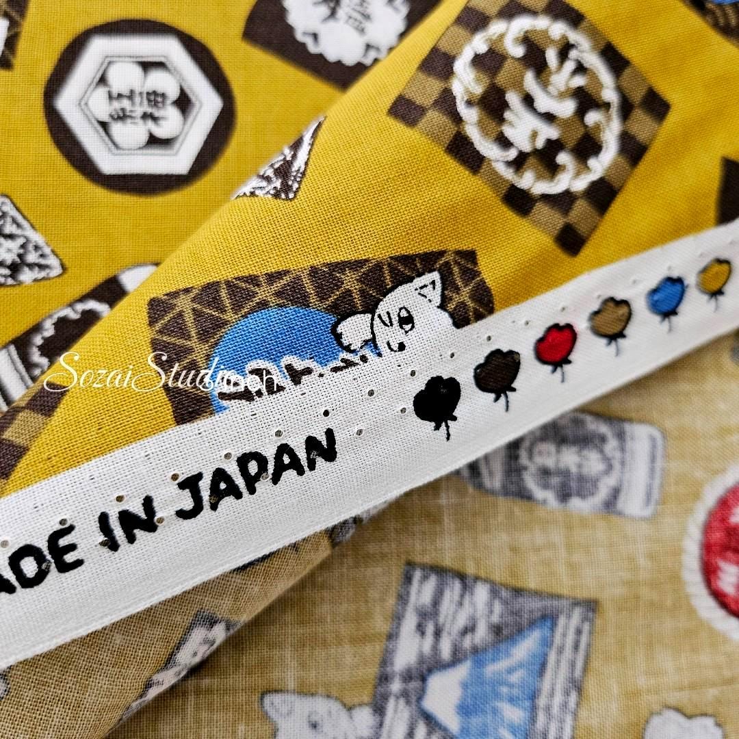 Japanese Cotton Fabric: Sake Barrels, Cats, Mustard Yellow Print, by the yard