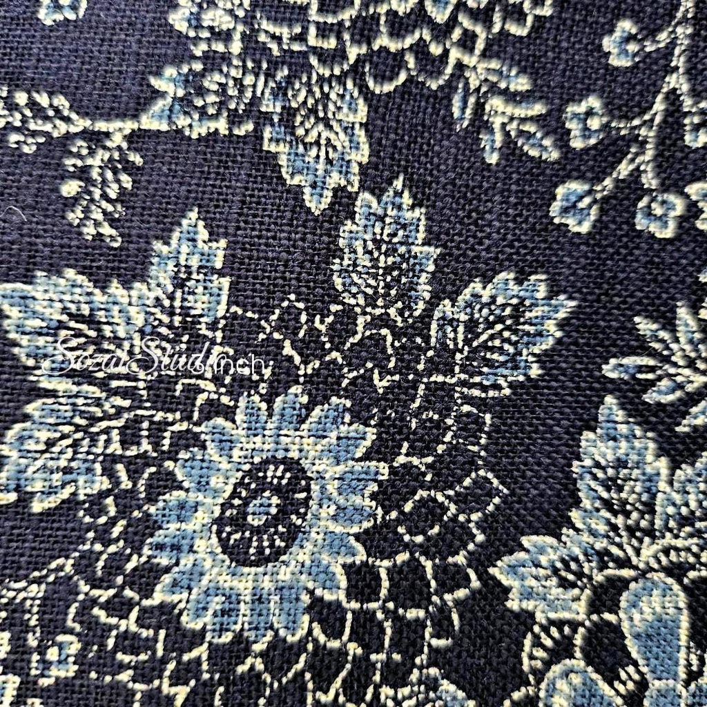 1 Yard Japanese Slub Cotton Fabric: Navy Chrysanthemum Print, Sewing & Crafting