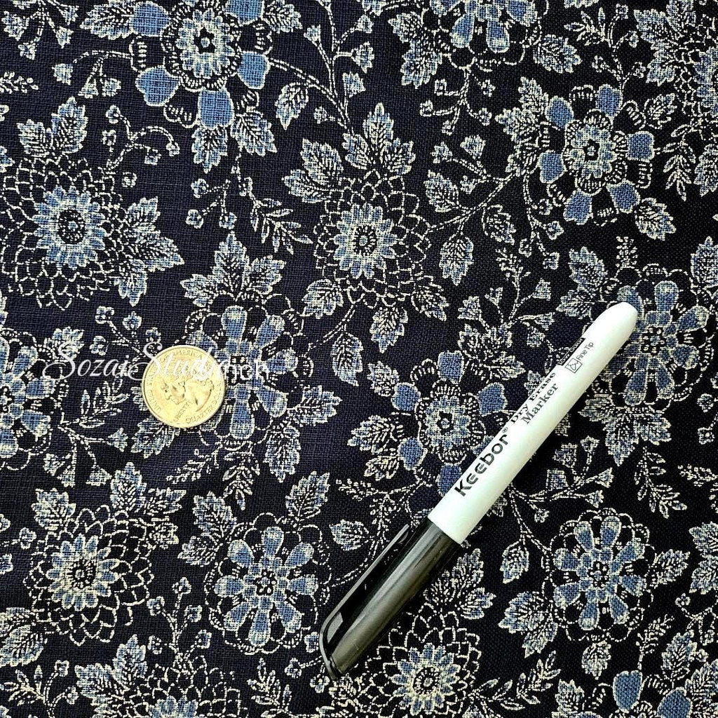 1 Yard Japanese Slub Cotton Fabric: Navy Chrysanthemum Print, Sewing & Crafting