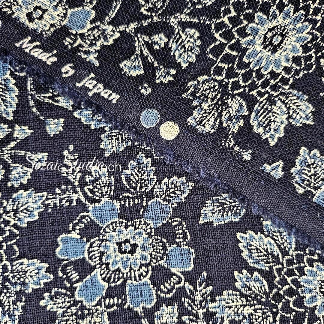 1 Yard Japanese Slub Cotton Fabric: Navy Chrysanthemum Print, Sewing & Crafting