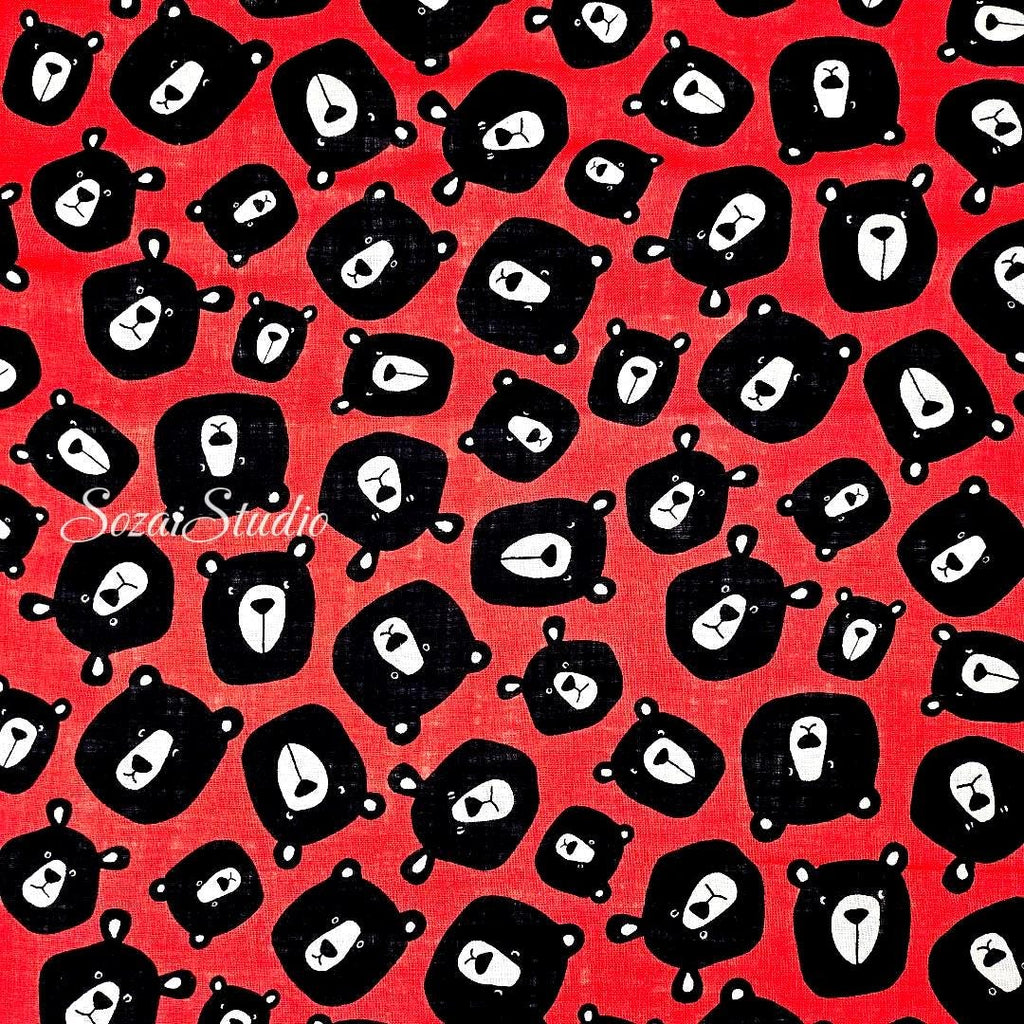 Japanese Fabric - Cute & Chic Teddy Bear Face, Red - 100% Cotton Canvas Printed, by the yard