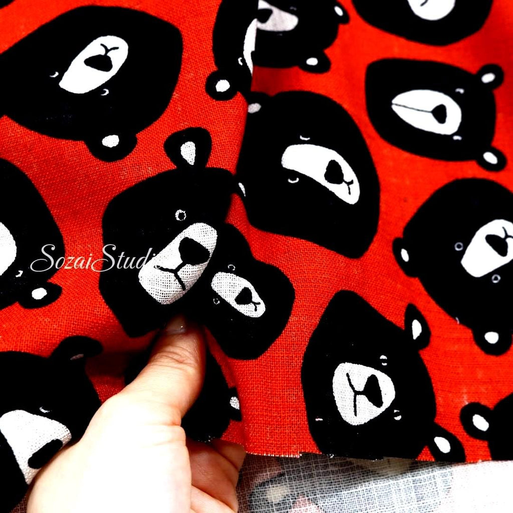 Japanese Fabric - Cute & Chic Teddy Bear Face, Red - 100% Cotton Canvas Printed, by the yard
