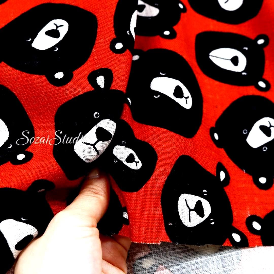 Japanese Fabric - Cute & Chic Teddy Bear Face, Red - 100% Cotton Canvas Printed, by the yard