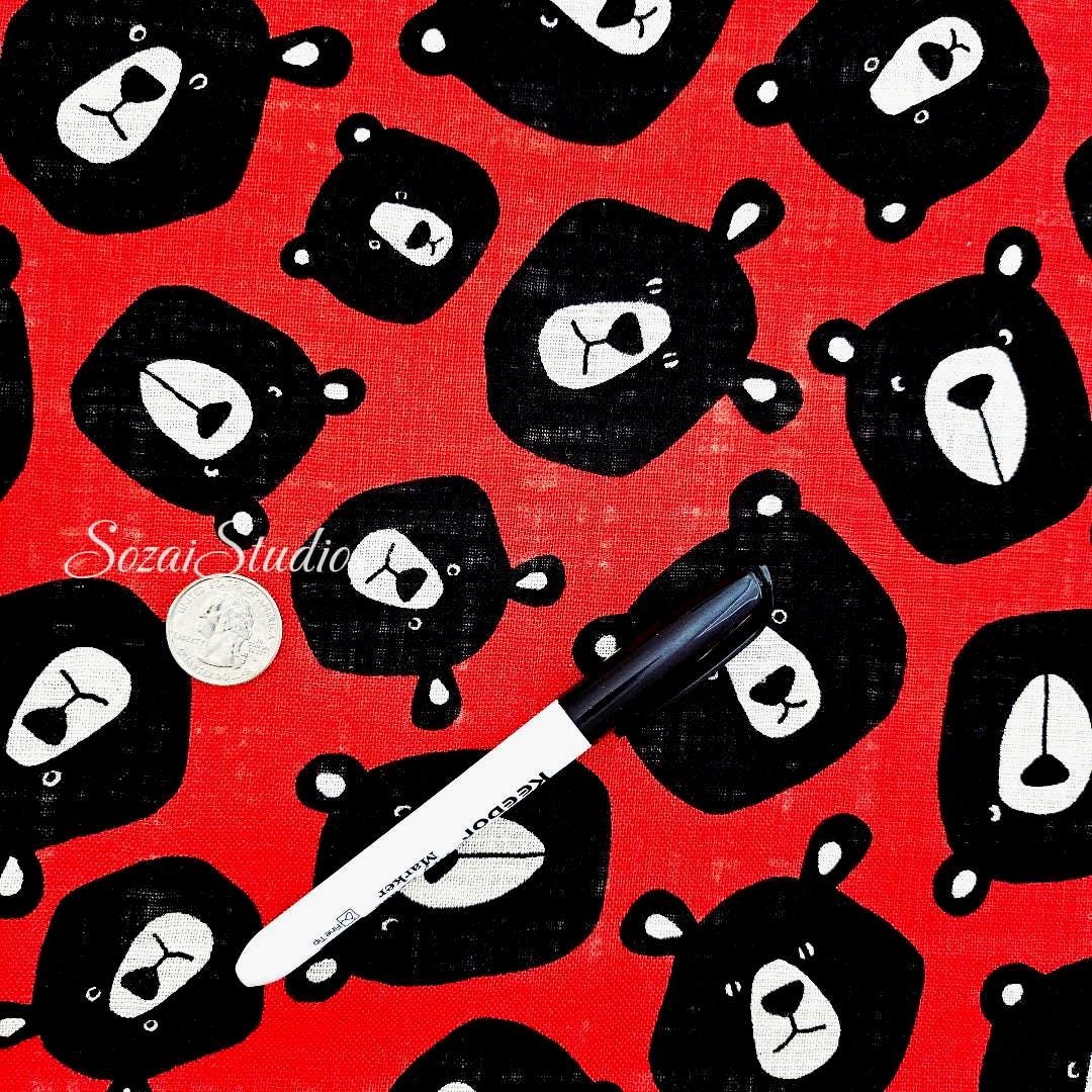 Japanese Fabric - Cute & Chic Teddy Bear Face, Red - 100% Cotton Canvas Printed, by the yard