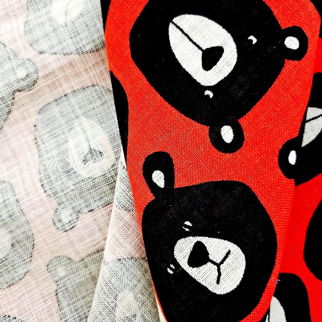 Japanese Fabric - Cute & Chic Teddy Bear Face, Red - 100% Cotton Canvas Printed, by the yard