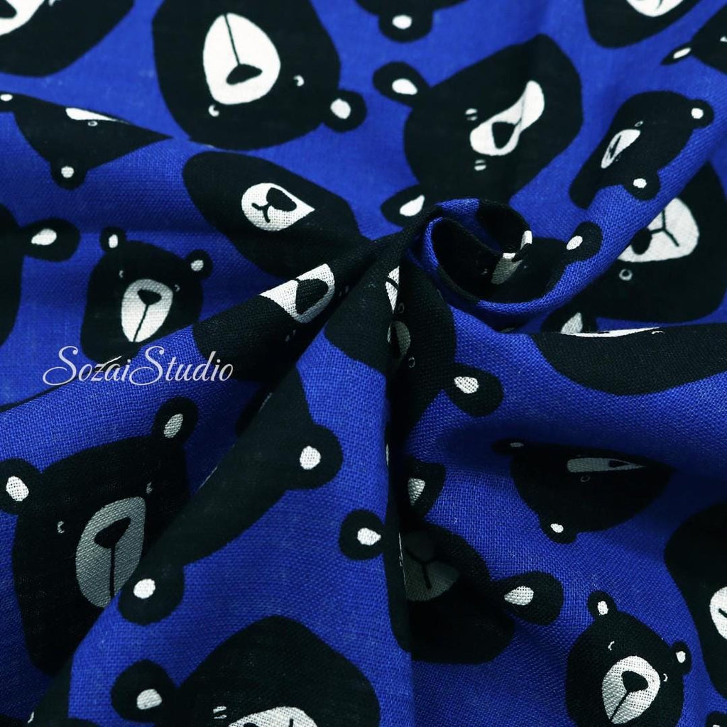 Japanese Fabric - Cute & Chic Teddy Bear Face, Blue - 100% Cotton Canvas Printed, by the yard