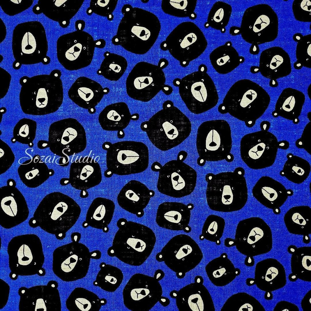 Japanese Fabric - Cute & Chic Teddy Bear Face, Blue - 100% Cotton Canvas Printed, by the yard