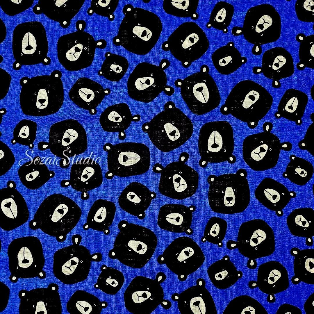 Japanese Fabric - Cute & Chic Teddy Bear Face, Blue - 100% Cotton Canvas Printed, by the yard