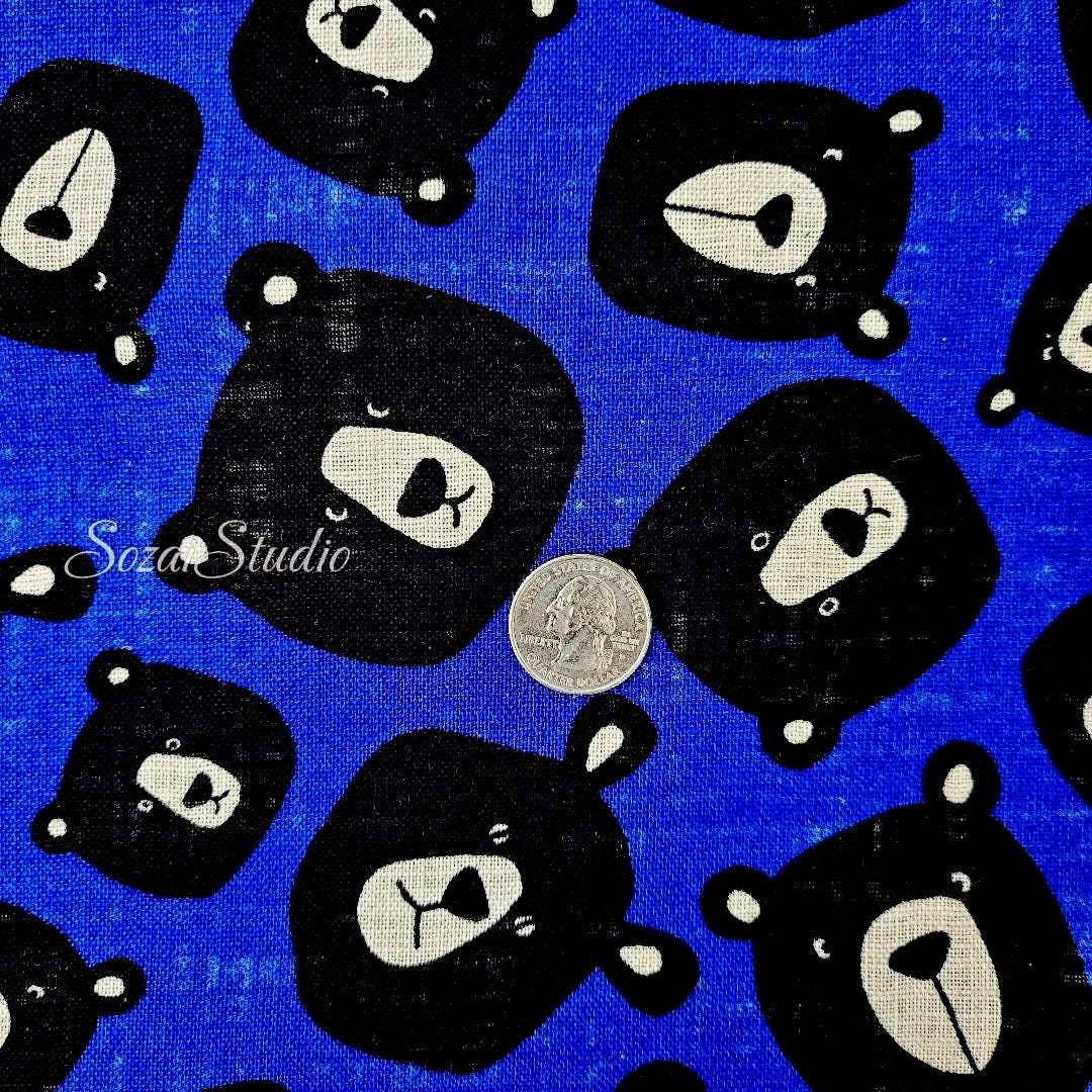 Japanese Fabric - Cute & Chic Teddy Bear Face, Blue - 100% Cotton Canvas Printed, by the yard
