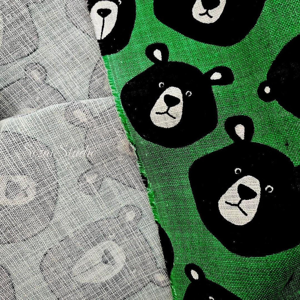 Japanese Fabric - Cute & Chic Teddy Bear Face, Green - 100% Cotton Canvas Printed, by the yard