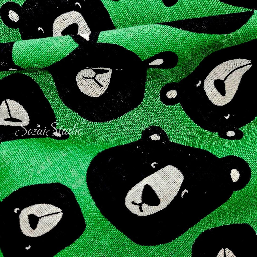 Japanese Fabric - Cute & Chic Teddy Bear Face, Green - 100% Cotton Canvas Printed, by the yard