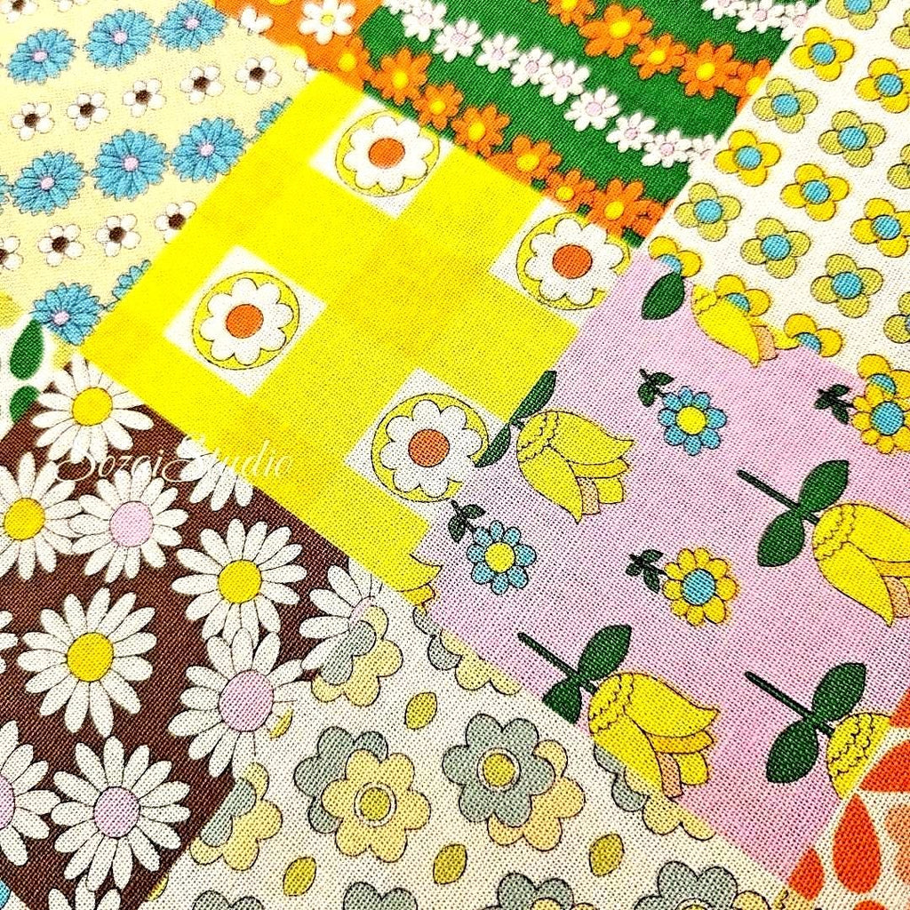 Japanese Floral Patchwork Fabric: 70s Retro Cotton Sheeting, Brown - by the yard