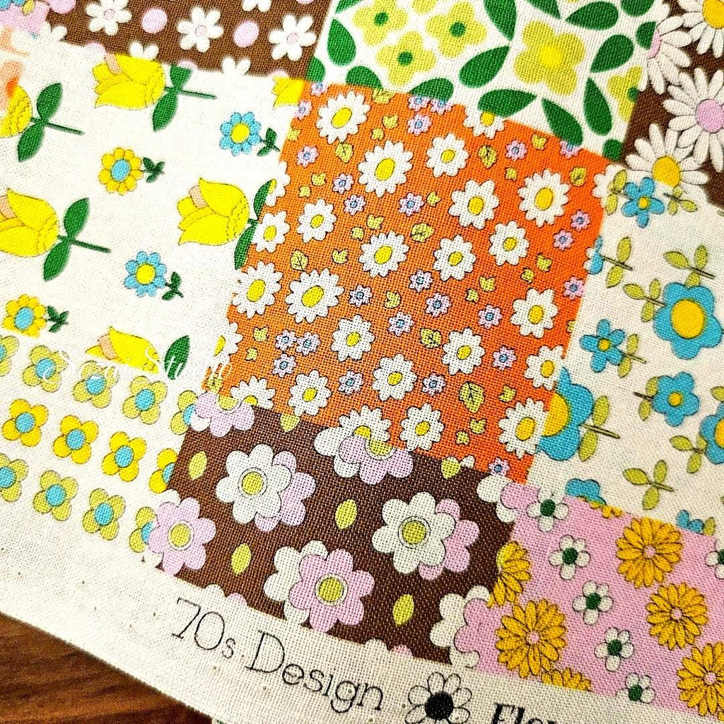 Japanese Floral Patchwork Fabric: 70s Retro Cotton Sheeting, Brown - by the yard