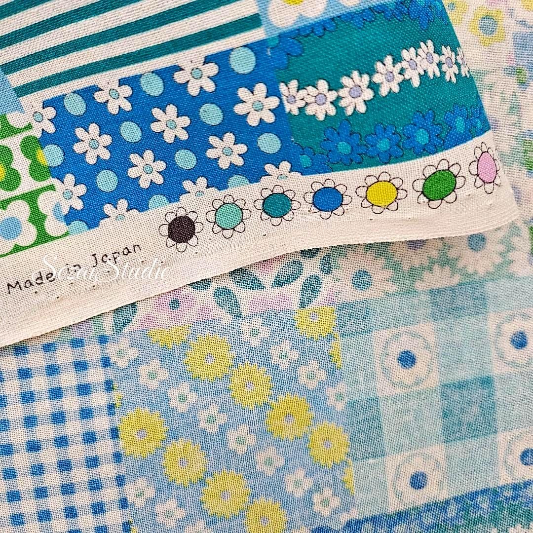 Japanese Floral Fabric: 70s Retro Cotton Patchwork, Blue - by the yard