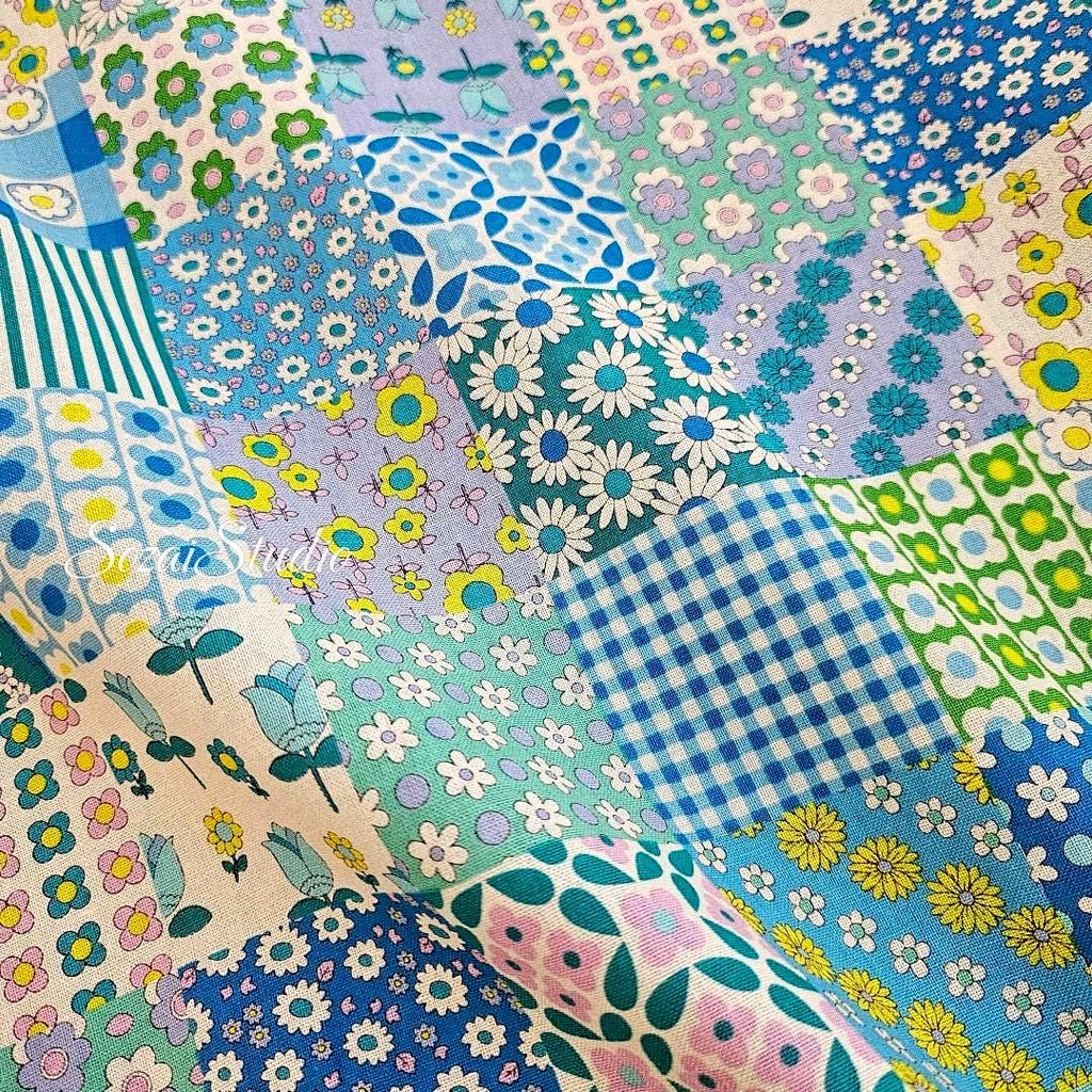 Japanese Floral Fabric: 70s Retro Cotton Patchwork, Blue - by the yard