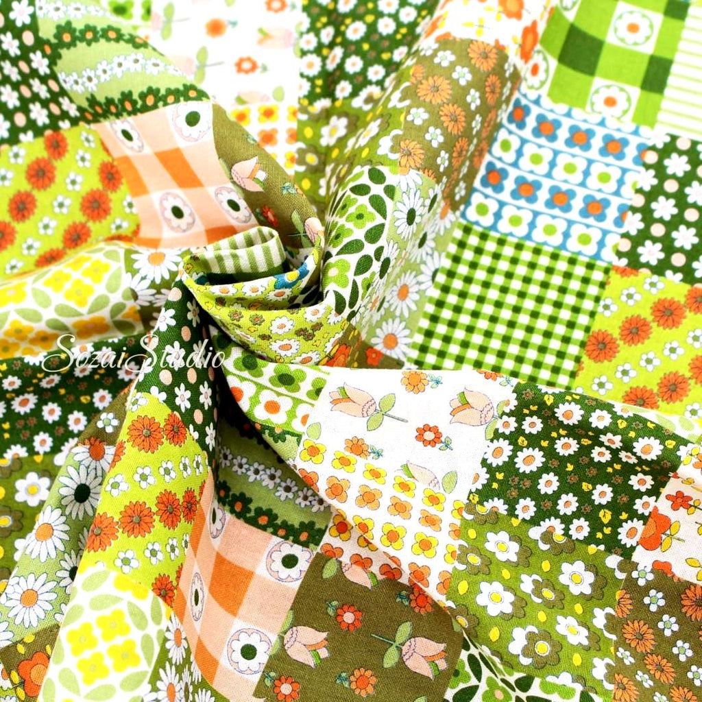 1 yard, Japanese Floral Patchwork Fabric: Green, 70s Retro Koko Seki Design