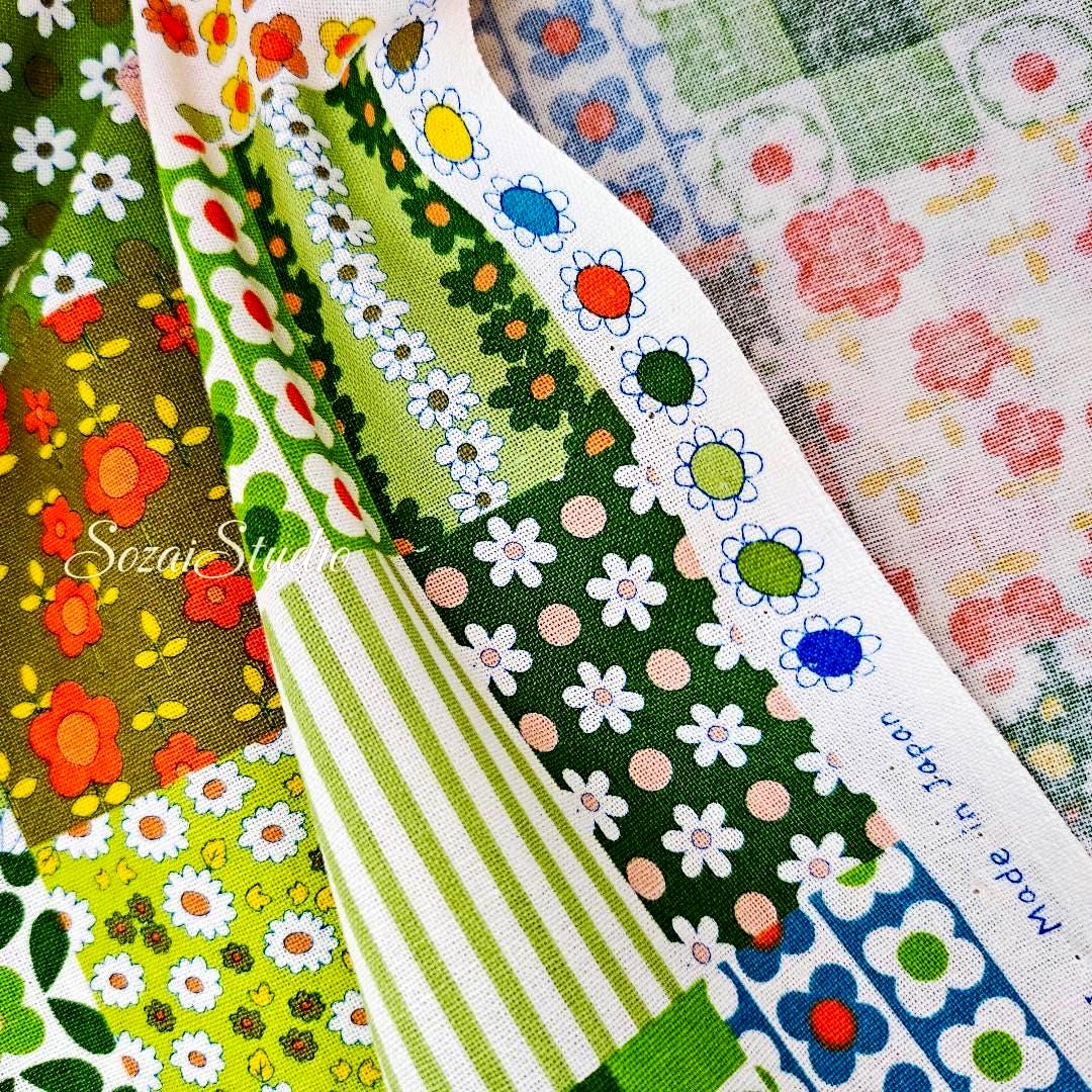 1 yard, Japanese Floral Patchwork Fabric: Green, 70s Retro Koko Seki Design