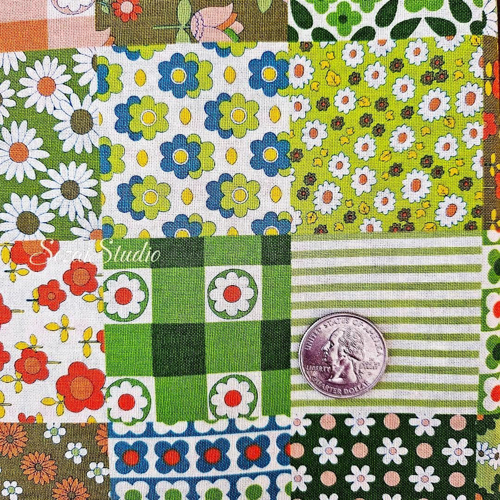1 yard, Japanese Floral Patchwork Fabric: Green, 70s Retro Koko Seki Design
