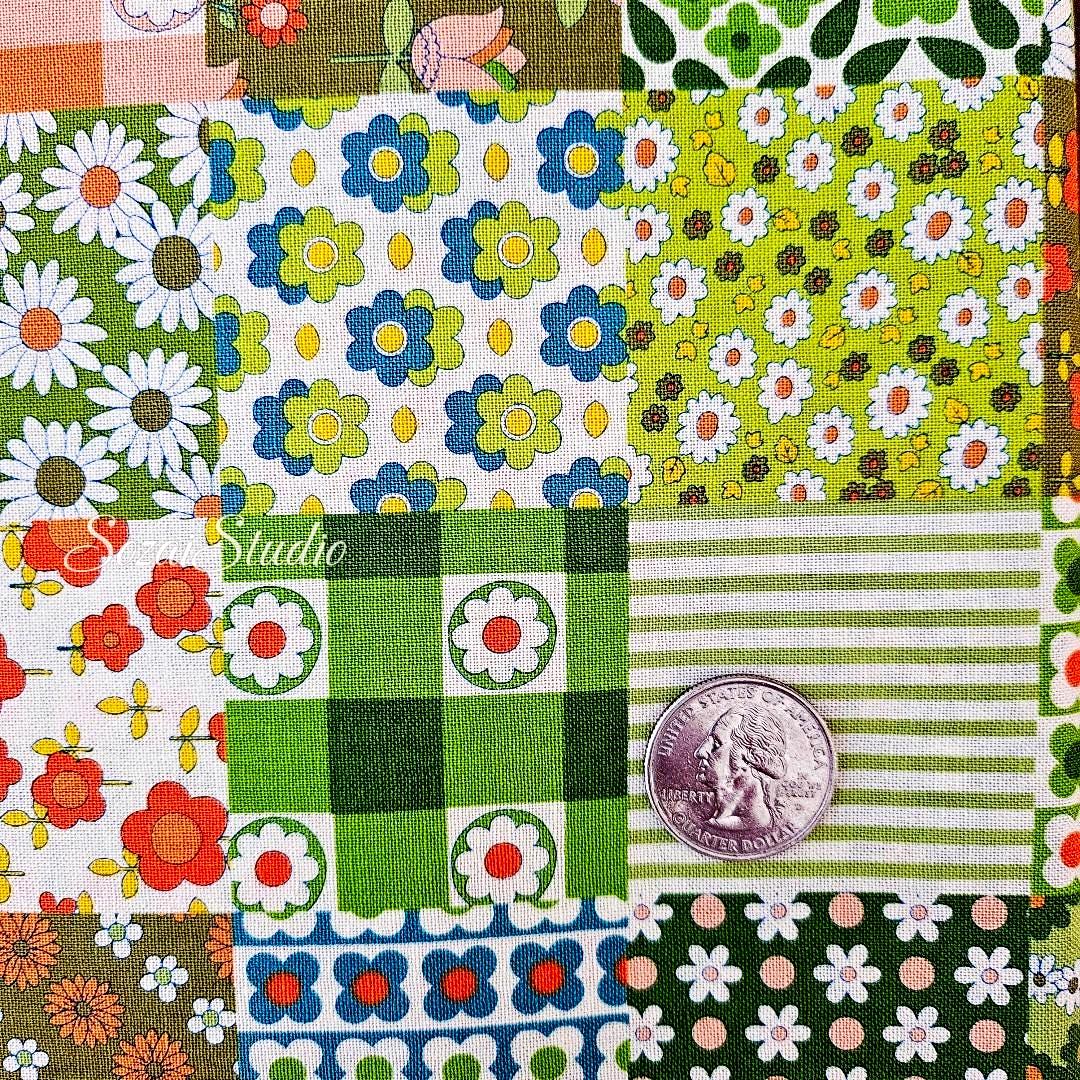 1 yard, Japanese Floral Patchwork Fabric: Green, 70s Retro Koko Seki Design