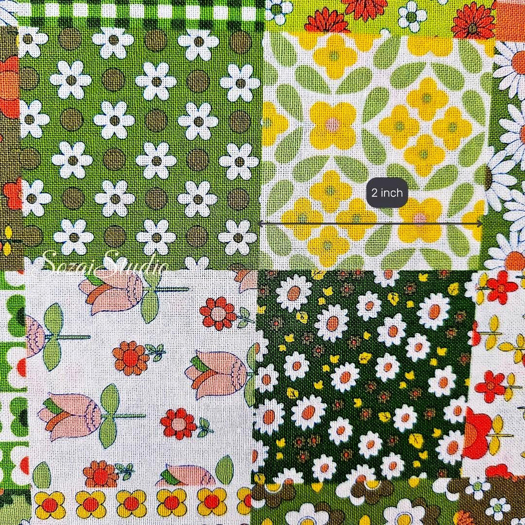 1 yard, Japanese Floral Patchwork Fabric: Green, 70s Retro Koko Seki Design