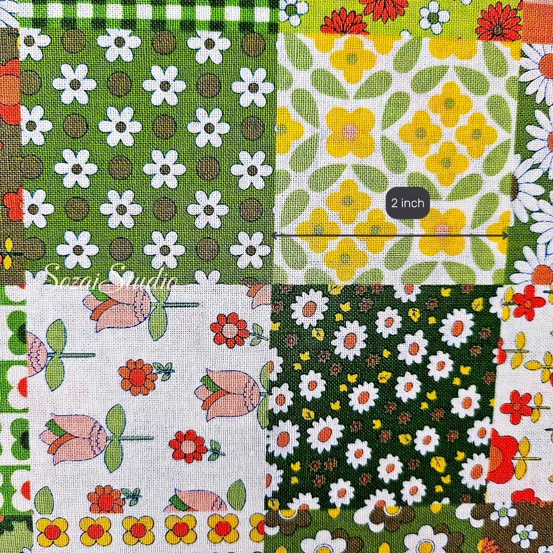 1 yard, Japanese Floral Patchwork Fabric: Green, 70s Retro Koko Seki Design