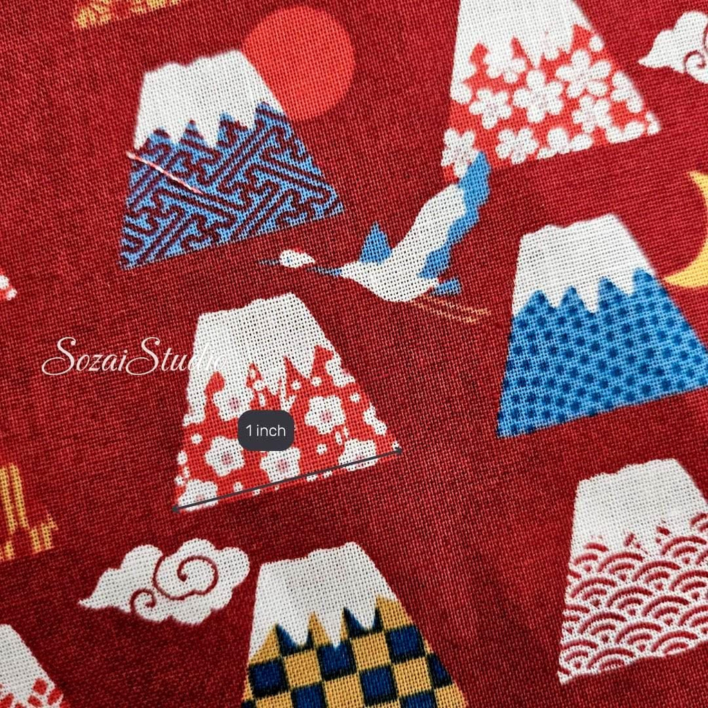 Japanese Fabric - Kawaii FUJI Mountain, BURGUNDY - 100% Cotton Square Printed, by the yard