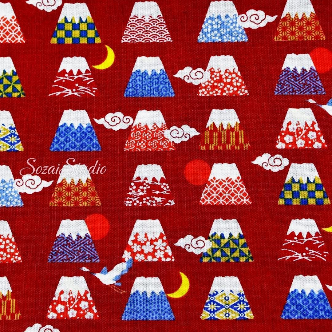Japanese Fabric - Kawaii FUJI Mountain, BURGUNDY - 100% Cotton Square Printed, by the yard