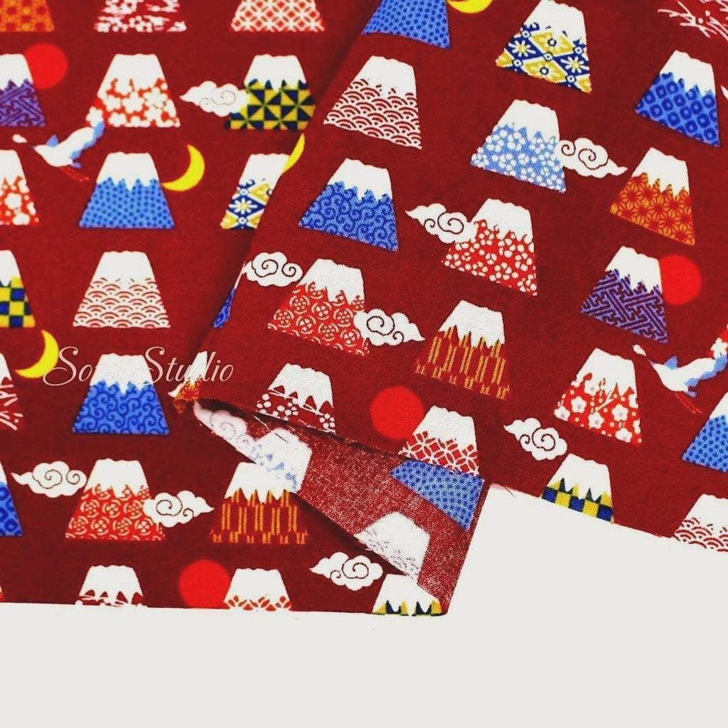 Japanese Fabric - Kawaii FUJI Mountain, BURGUNDY - 100% Cotton Square Printed, by the yard